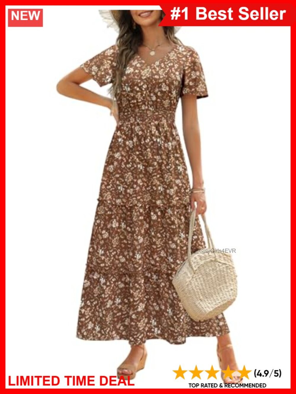 Floral Maxi Dress Short Flutter Sleeve Smocked V-Neck Tiered Boho Summer
